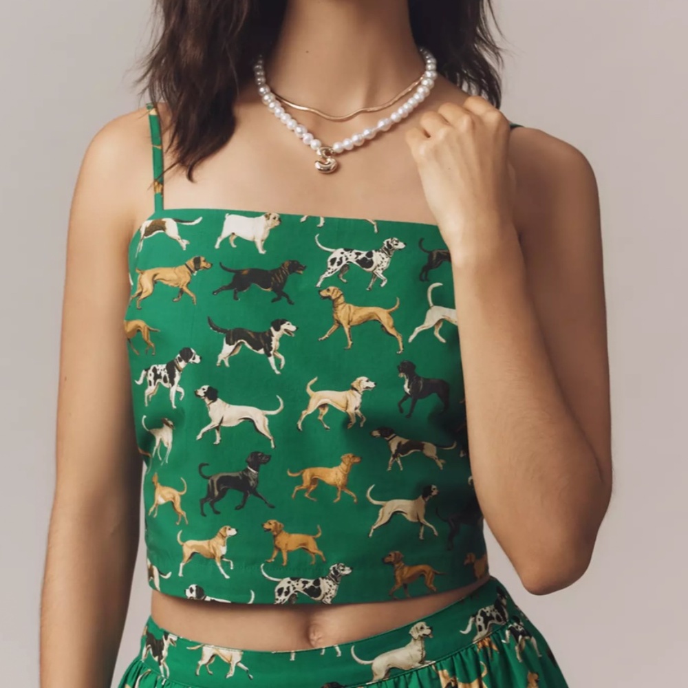 Maeve Straight-Neck Crop Tank in green dog print